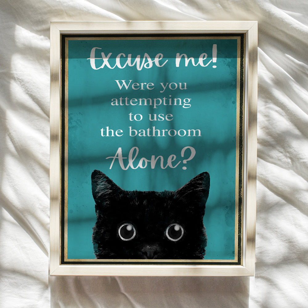 Funny Cat Restroom Sign - Guest Bathroom Decor for Women - Small Bathroom Wall Art - Blue Bathroom Decorations - Unique Powder room Decor - Cute Lover Gifts - Cat Bathroom Wall Decor