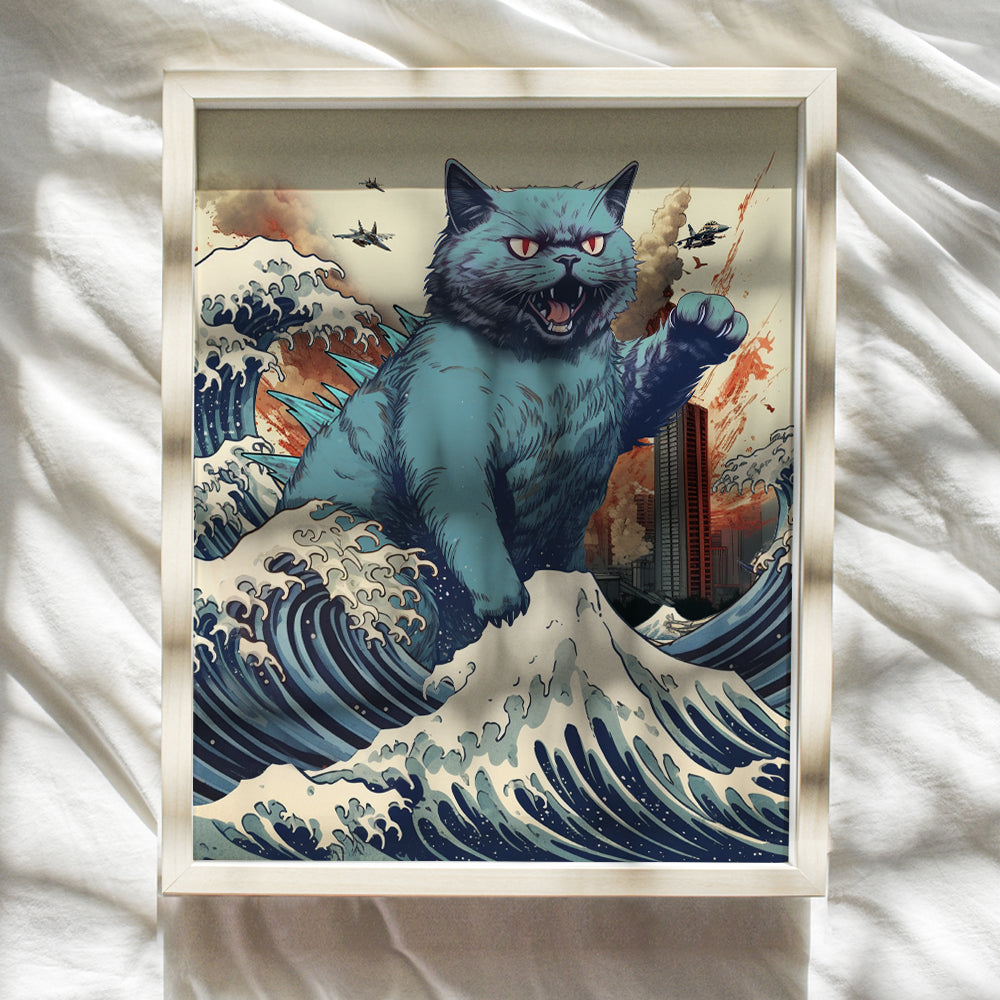 Funny Cat Wall Decor - Cat Dad & Cat Mom Gifts - Cat Themed Cute Cat Poster - Cat Wall Art Decor - Cat Gift for Cat Lovers - Retro Vintage Cat Decorations - The Great Wave off Kanagawa