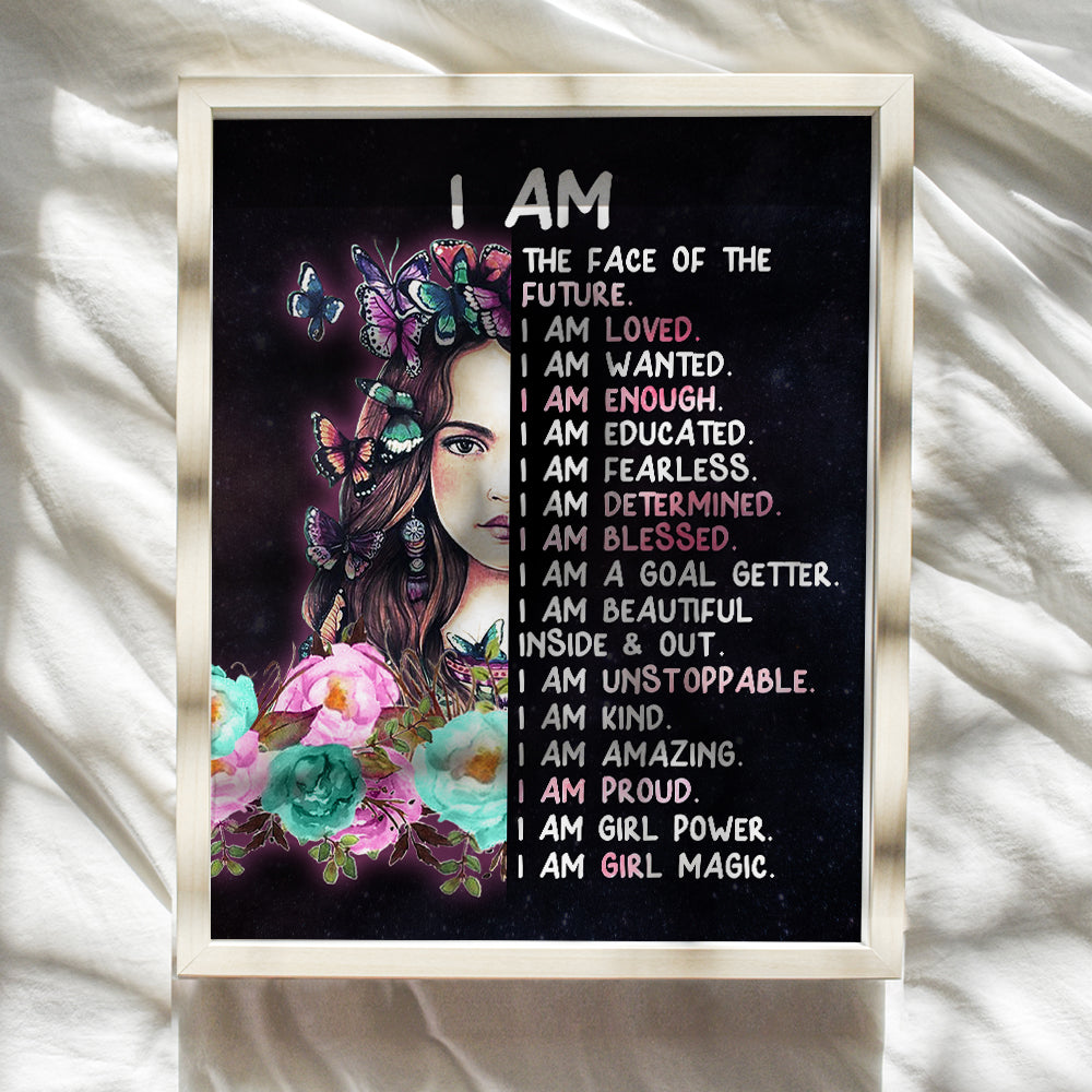 Tween Girl Inspirational Wall Art - I Am - Teen Girl Room Decor - Motivational poster for Little Girl Bedroom Decor - positive affirmation Wall Decor - Quotes for Girl Room Decor - Unframed