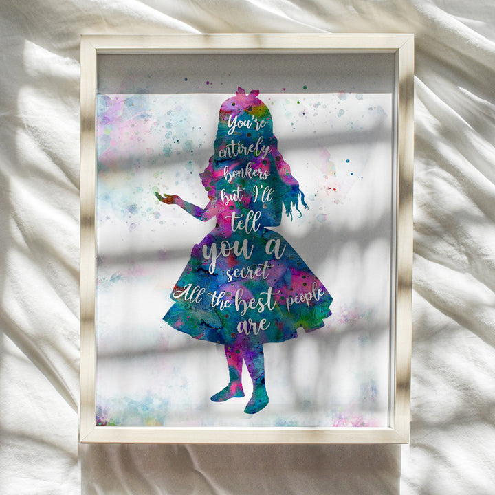 Funny Alice Wonderland Quote Wall Art & Decor- 8x10 Home decoration Picture for Girl, Toddler, Kids Room, Bedroom, Nursery - Gift for Walt World Fans - Watercolor Typography Poster print