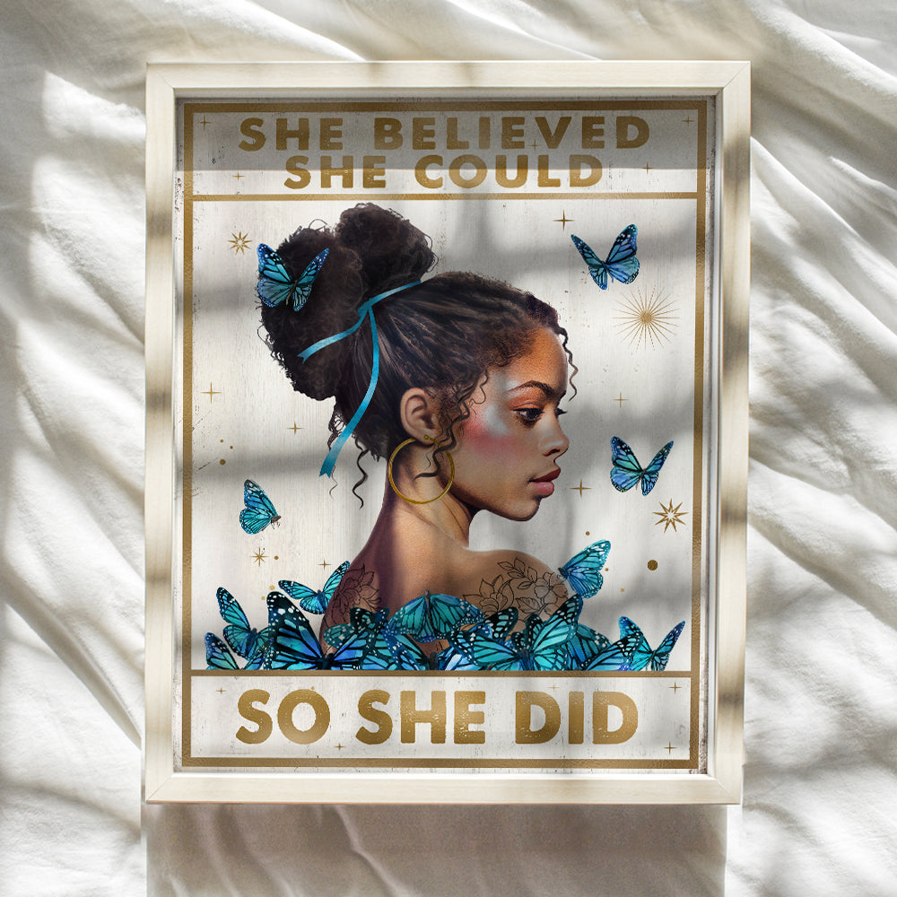 Black Girl Inspirational Wall Decor - She Believed She Could So She Did Wall Art - African American Wall Art - Positive Motivational Quotes - Blue Bedroom Living room Decor for African American Women