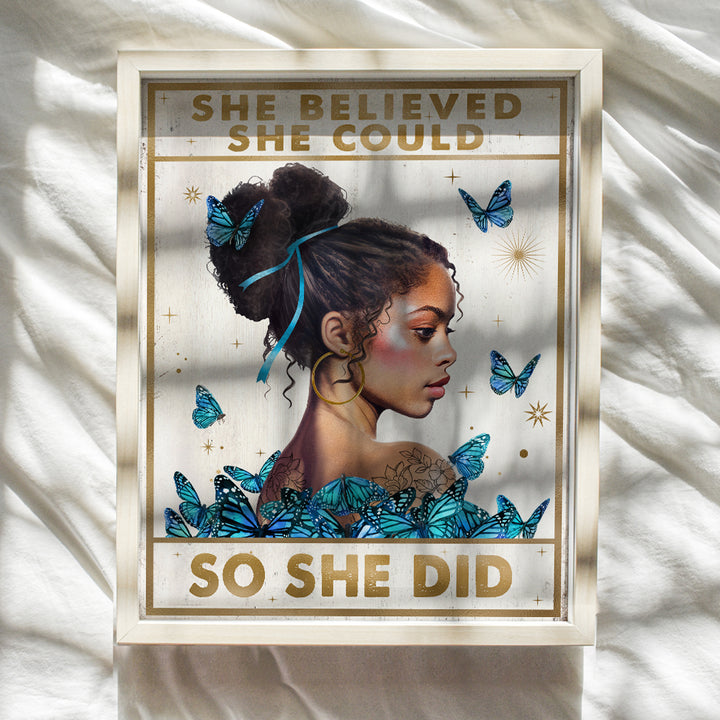 Black Girl Inspirational Wall Decor - She Believed She Could So She Did Wall Art - African American Wall Art - Positive Motivational Quotes - Blue Bedroom Living room Decor for African American Women