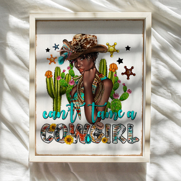 Cowgirl Black Girl Wall Art - Preppy Wall Decor - funny Trendy Country Decor for African Americans, Black women - Rustic Wall Decor - Boho Living room Decorations for Bedroom - Western Home Decor