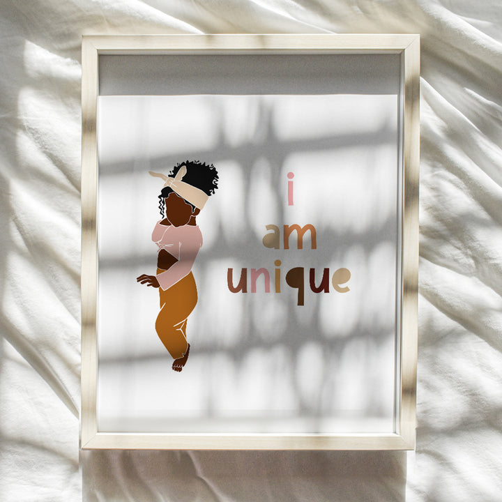 African American Girl Wall Decor - Black Wall Art - Motivational Inspirational Quotes Poster - Positive Affirmations - Black Culture - Cute Little Girls Bedroom Decor - I Am Unique