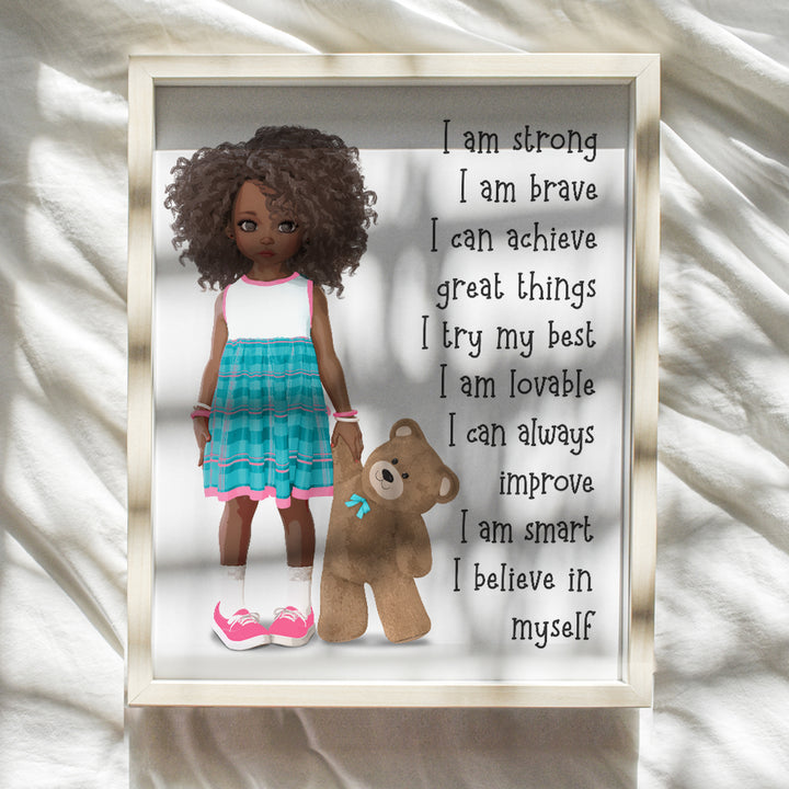 African American Girl Positive Affirmations - Black Wall Art - African American Wall Art - Little Girls Bedroom - Inspirational Sayings for Wall Decor - Positive Quotes Wall Decor - Toddler Girls Room