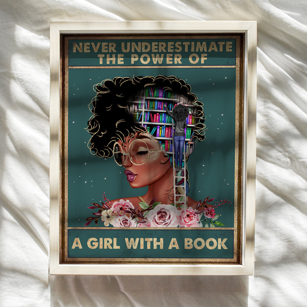 African American Classroom Decor - LARGE 11x14 - Never Underestimate a Girl With a Book Wall Art - African American Girl, Women - Inspirational Motivational Poster - Positive Quotes - Black Art