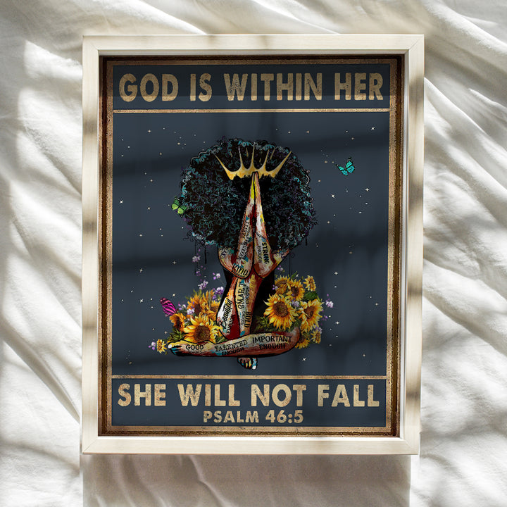 Religious Christian Gifts for Black Woman, African American Women, Girls - God is Within Her She Will Not Fall Wall Decor - Inspirational Boho Wall Art - Positive Quotes - Psalms Scripture Wall Art