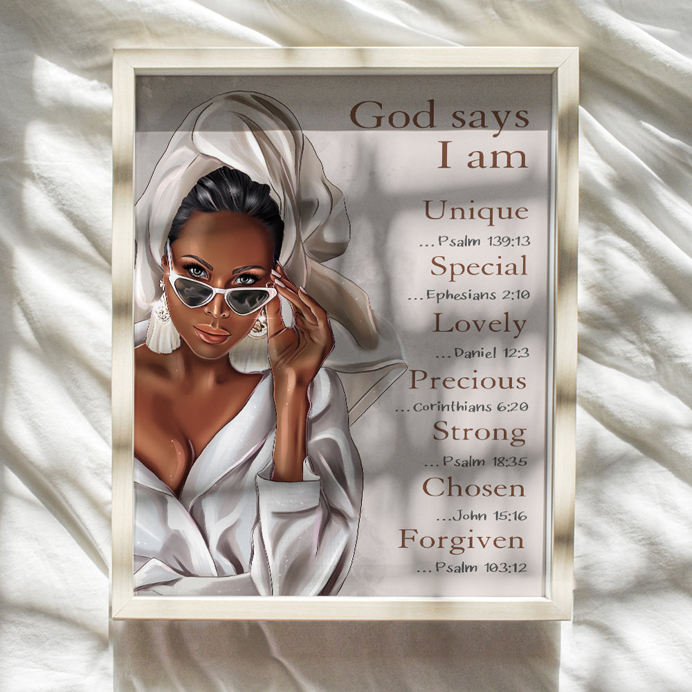 African American Women, Girls, Teens - Religious Black Art - God Says You Are - Chrisitan Scripture Encouragement Gifts - Motivational Designer Glam Bathroom Wall Decor - Inspirational Bible Verses