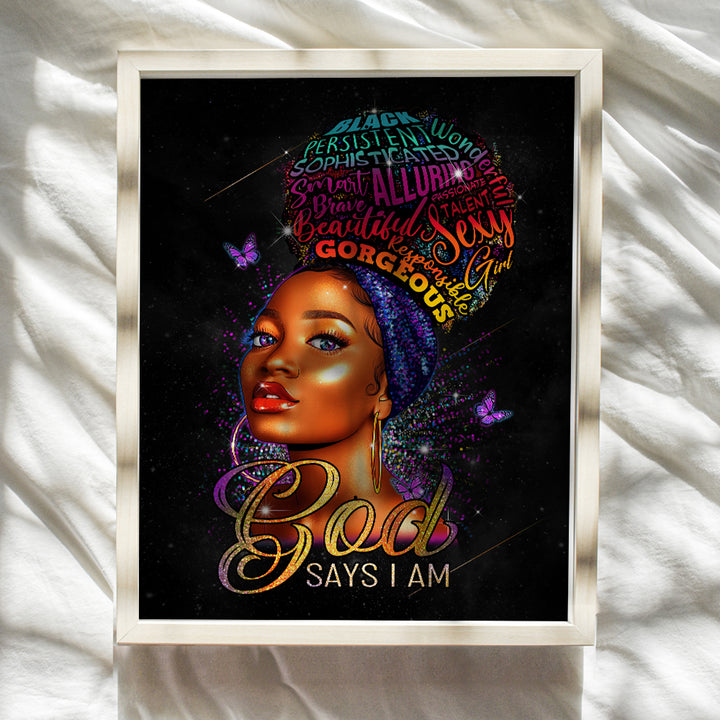 Religious Black Wall Art & Decor - Encouragement Christian Gifts for African American Women - God Says You Are - Motivational Inspirational Positive Quotes Home Decor Poster - Girls Room, Teen Bedroom