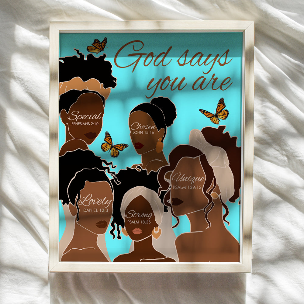 Black African American Women Wall Art & Decor - African American Girls - God Says You Are - Inspirational Christian Wall Decor- Spiritual Religious Gifts - Positive Quotes Bible Verses - Afro Wall Art