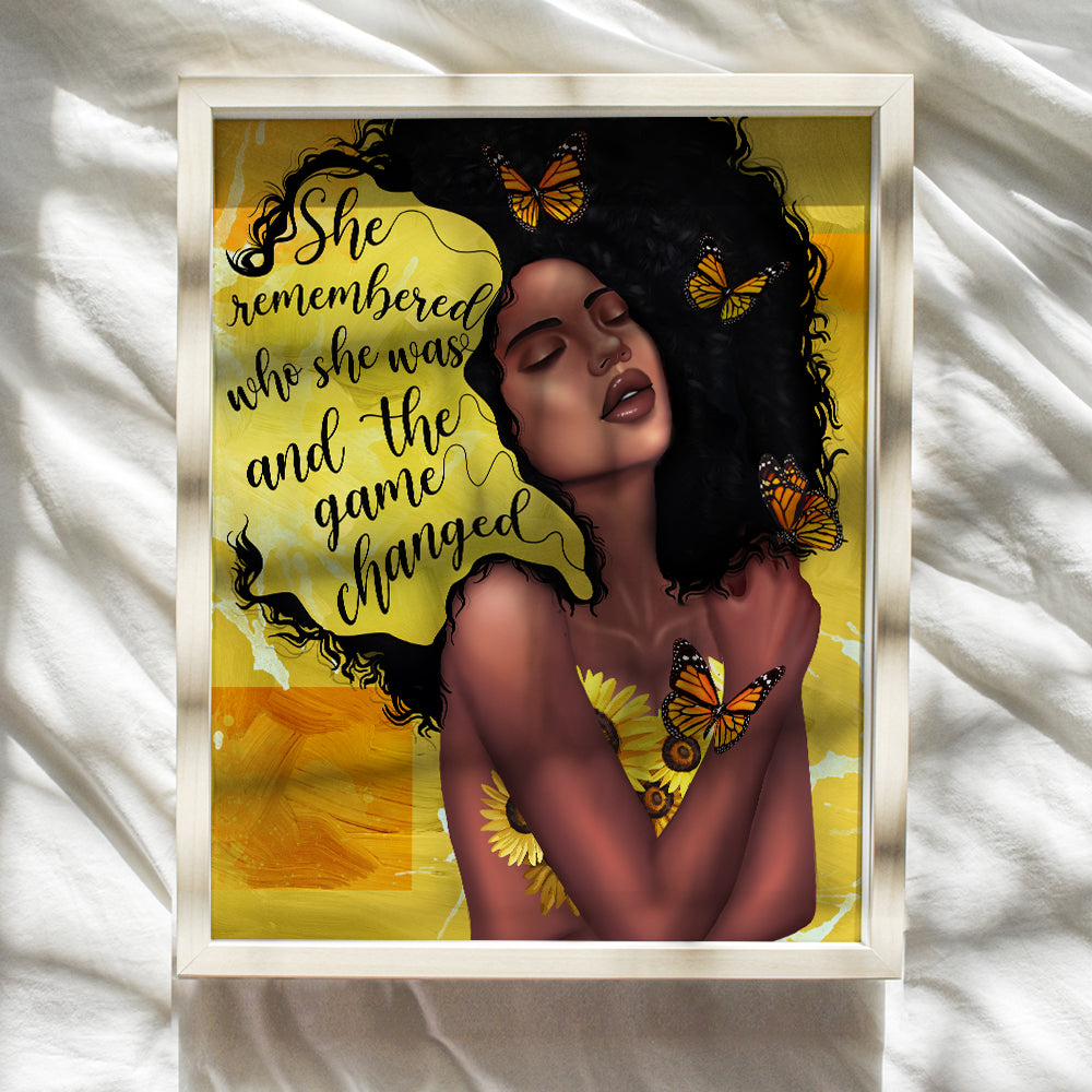 African American Woman Black Art - She Remembered Who She Was And The Game Changed Inspirational Wall Decor - Positive Quotes - Encouragement Gifts for Women - Motivational Posters - Uplifting Gifts