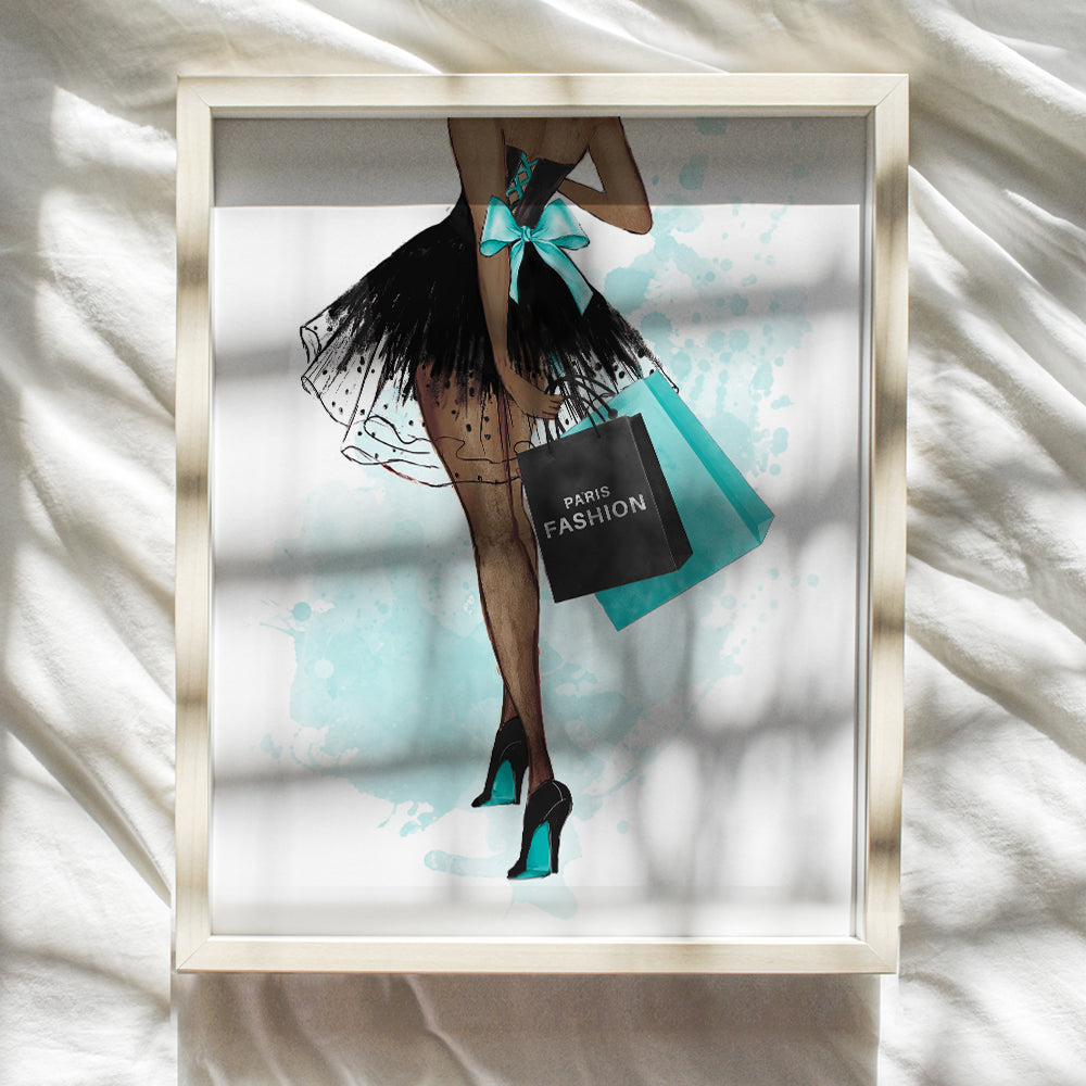 Light Blue Fashion Designer Wall Art - Black Woman, African American Women, Teens, Girls Bedroom - High Fashion Design Wall Decor - Glam Gifts for Latina, African American Woman - Black Culture