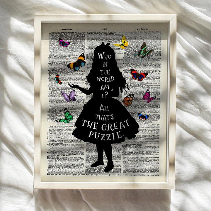 Alice Wonderland Who Am I Quote, Wall Decor for Bedroom - 8x10 Dictionary Wall Art Photo Print - Kids or Girls Bedroom Decor, Game Room - Great Gift - Unframed Poster with Butterflies