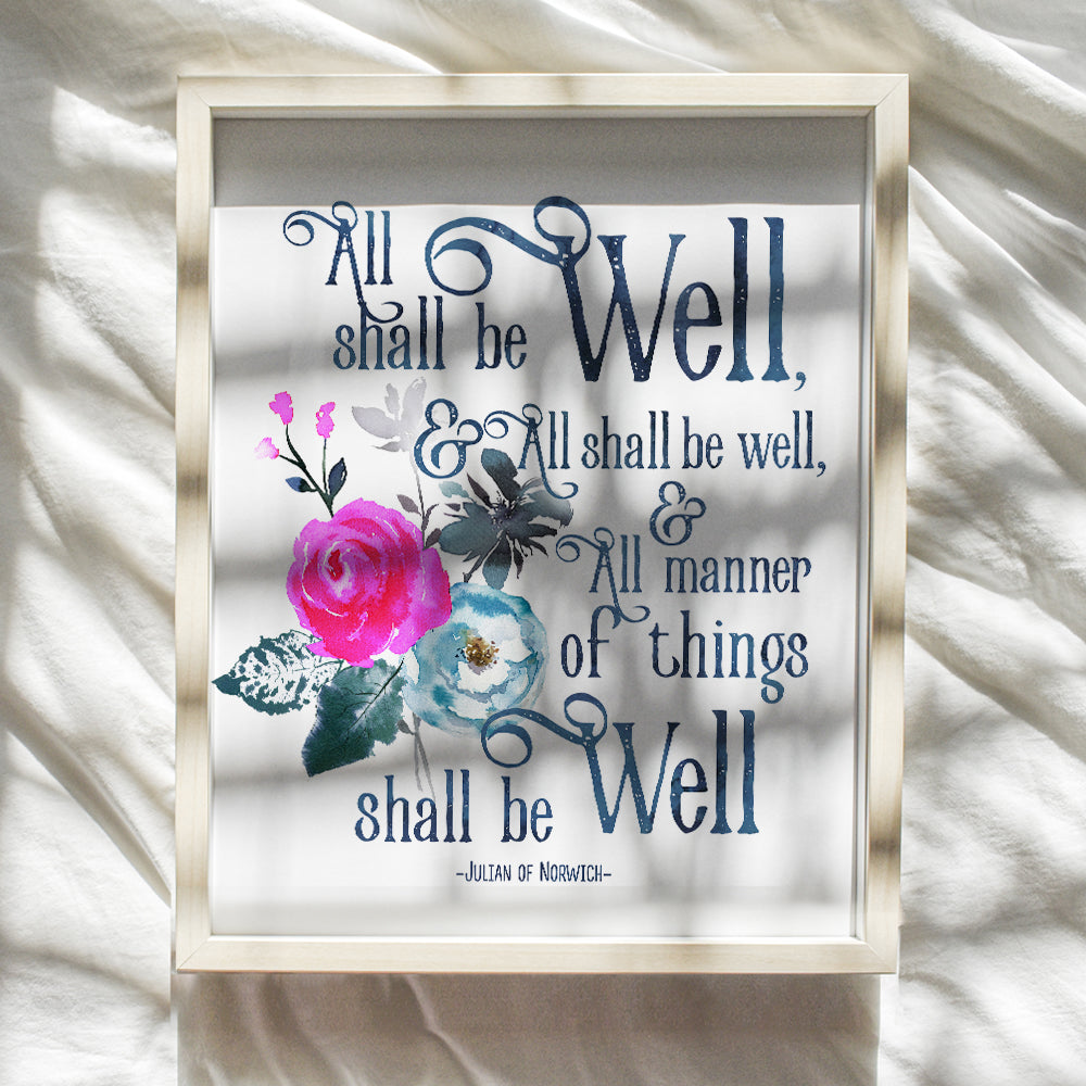 Julian of Norwich - All Shall Be Well - Spiritual Religious Wall Art - Inspirationall Christian Wall Decor - Bible Verse Encouragement Gifts - Catholic Wall Decor - Holy Scriptures Wall Decor - Faith