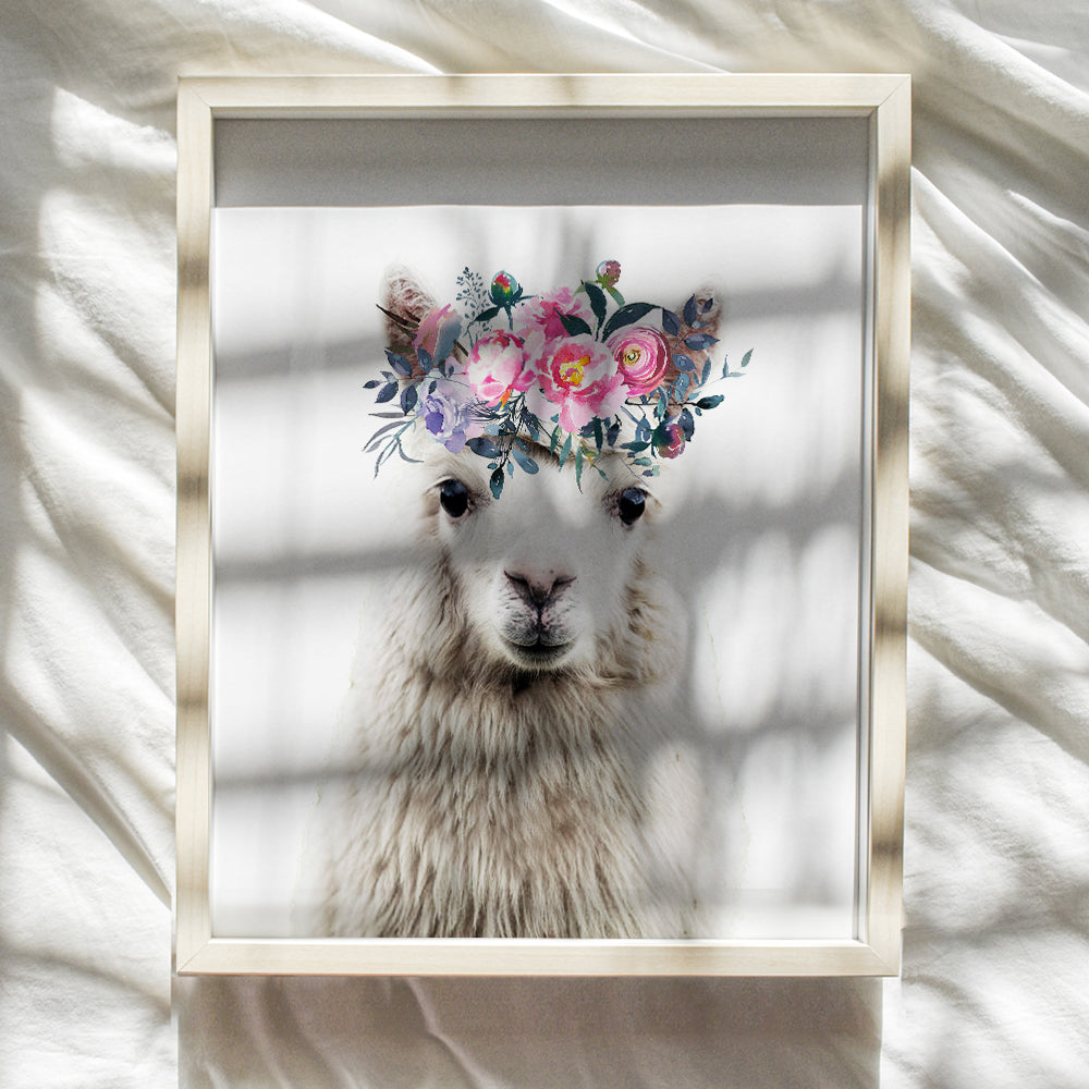 Baby Llama Wall Decor - Flower Crown Alpaca Wall Art Decoration for Girls Bedroom, Kids Room, Nursery - Cute Gift - Boho Shabby Chic Picture - 8x10 UNFRAMED Photo Poster