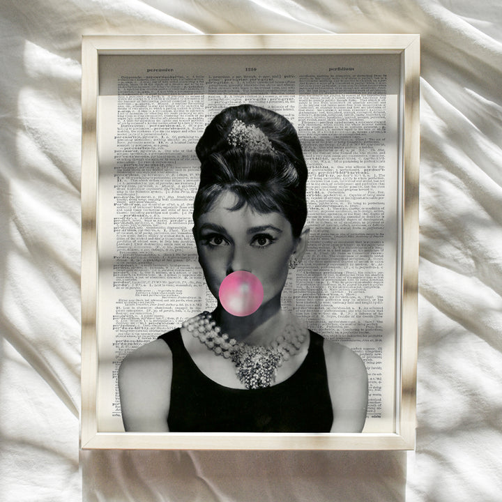 Audrey Hepburn Blowing Bubble - Wall Art Print on Dictionary Photo - Ready to Frame (8X10) Vintage Photo - Great Home Decor or Gift For Pop Art Lovers