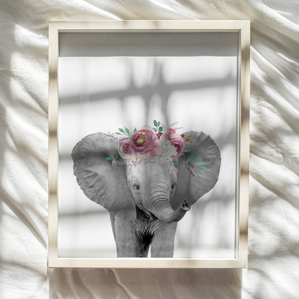 Floral Baby Elephant - Nursery Decor, Baby Room Art Print -8x10 Wall Art Poster - Unique Home Decoration for Girls, Boys or Kids Bedroom - Chic Baby Shower Gift - Unframed Photo Picture