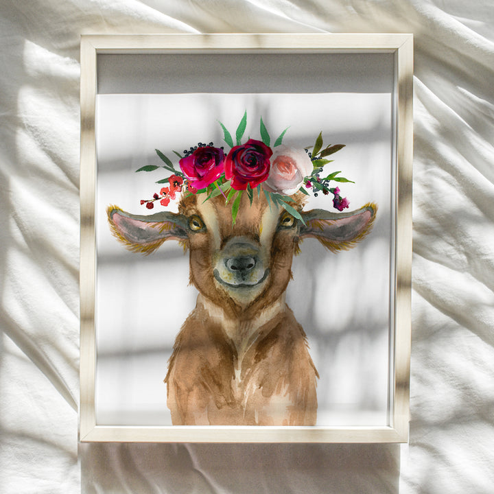 Cute Baby Goat w/Flower Crown Wall Art Home Decor - Decoration for Girls or Boys Bedroom, Nursery, Kids Room, Playroom, Preschool, Daycare - Farmhouse, Farm Theme Gift - Baby Animals Picture Print