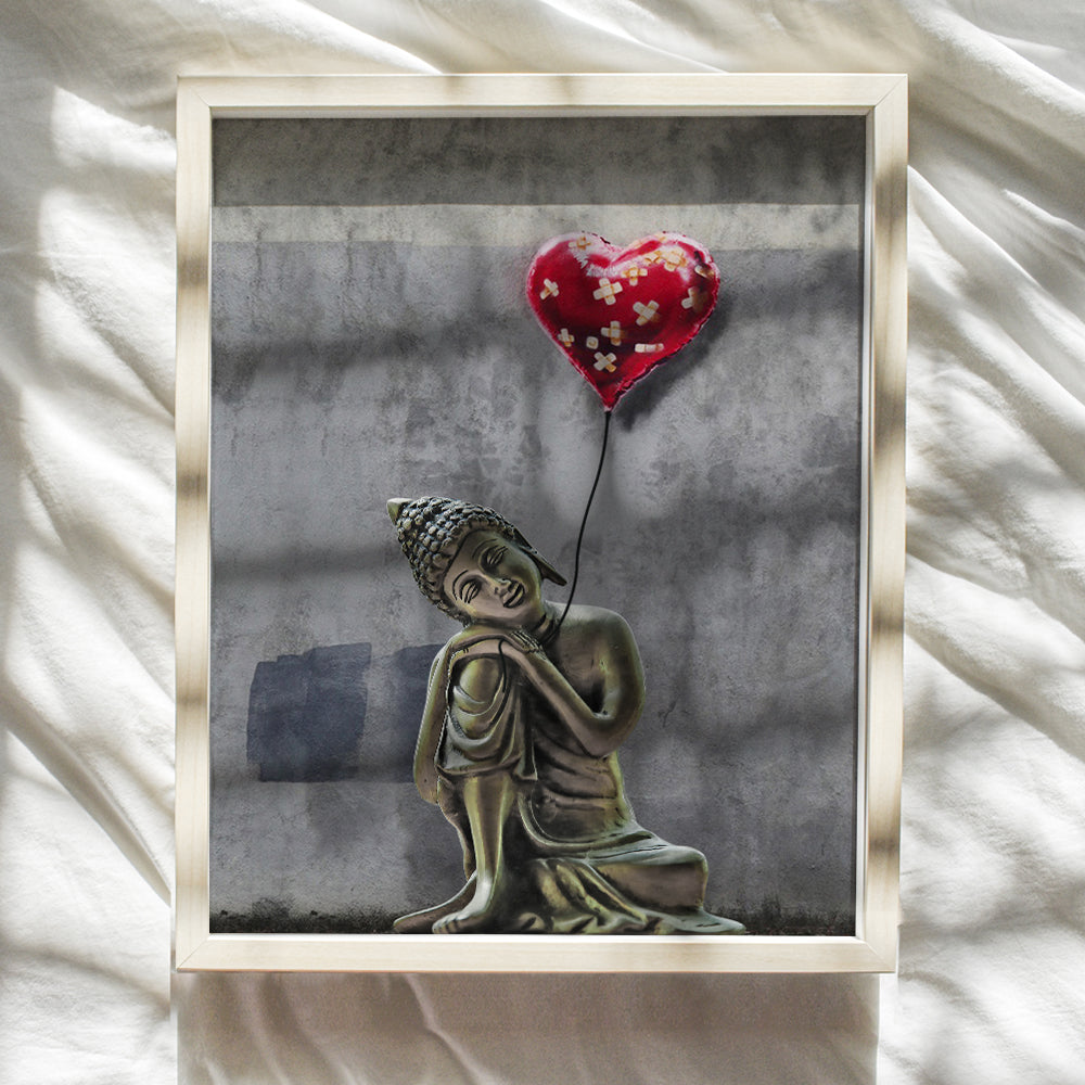 Banksy Graffiti Wall Art - Zen Buddhism Buddha Statue w/Heart Balloon - Home, Spa or Meditation Room Decor - Funny Urban New Age Poster or Gift for Women, Street Art Fans - Namaste - 8x10