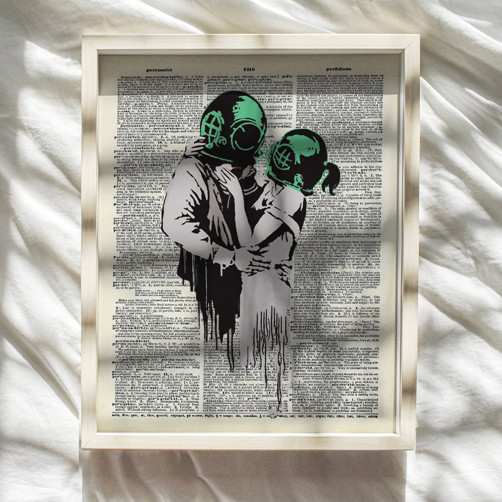 Banksy Lovers Street Art Graffiti - Upcycled Dictionary Art Wall Print, Steampunk Style Poster - Pop Art Home Decor for Beach House, Bathroom, Bath, Urban Apartment - Makes a Great Gift