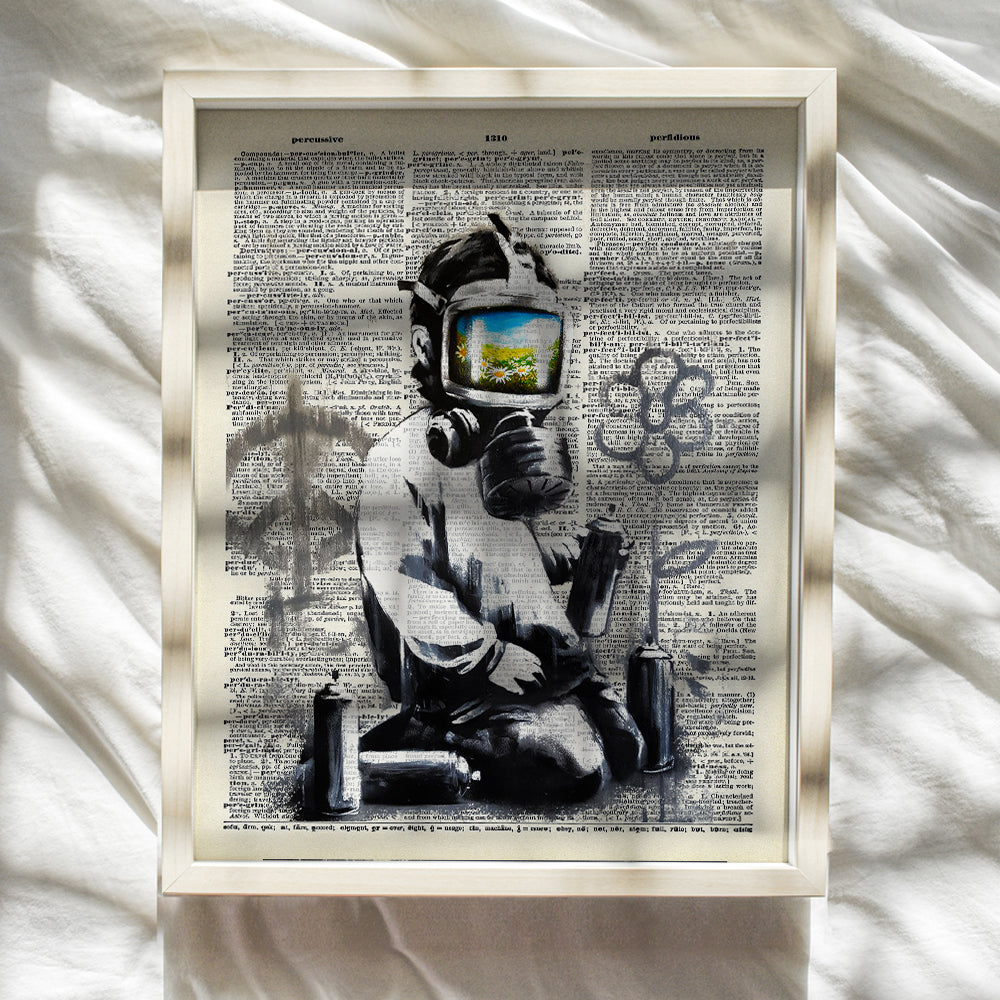 Banksy Gas Mask Graffiti Street Art Mural - Contemporary Dictionary Art, Home Decor - Upcycled Wall Art Print, Poster - Unique Room Decorations - Great Inexpensive Gift - 8x10 Photo Unframed