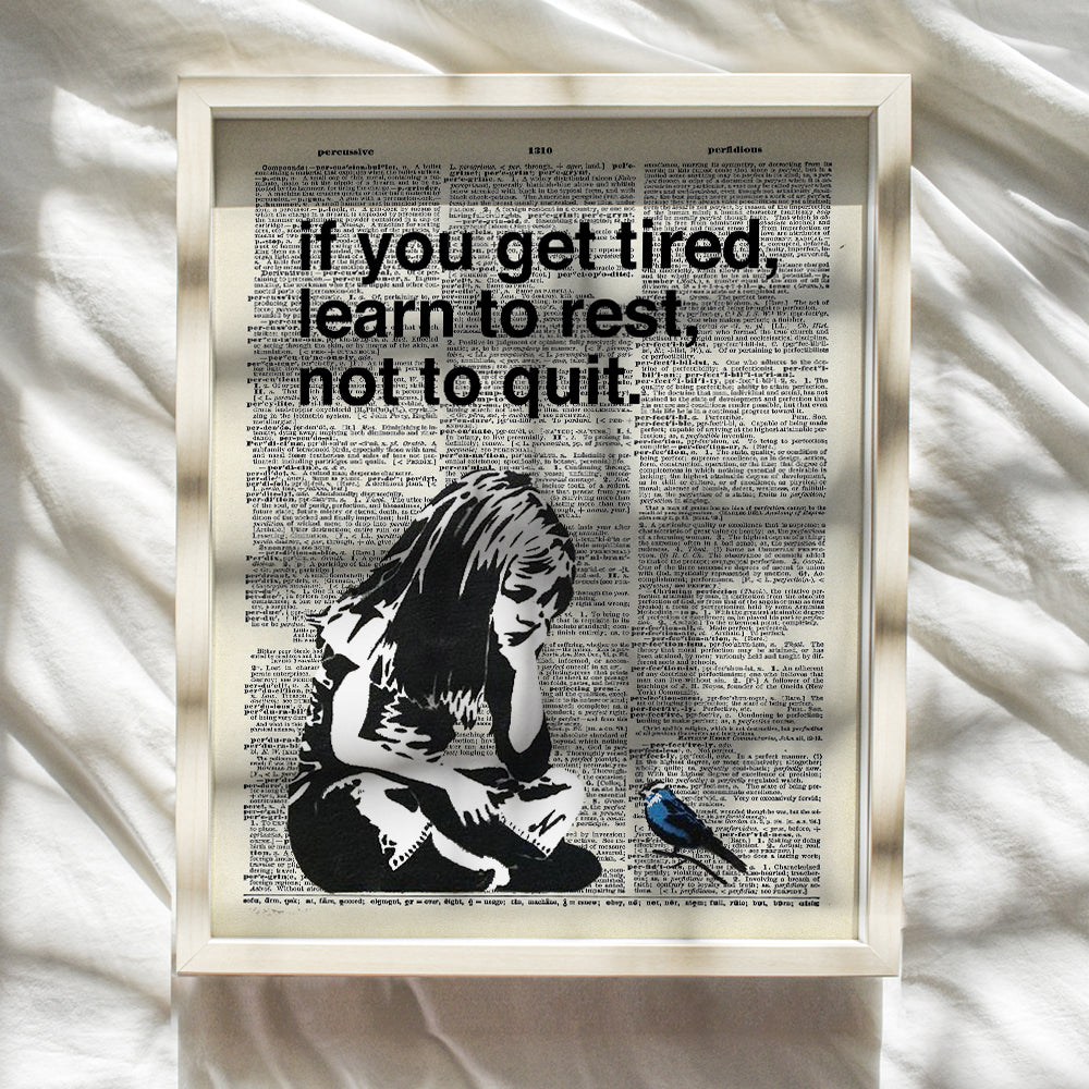 Banksy Rest Don't Quit - Unframed Dictionary Wall Art Print - Makes a Great Gift for Home Decor, Living Room, Bedroom - Ready to Frame (8X10) Vintage Photo - Girl with Bird