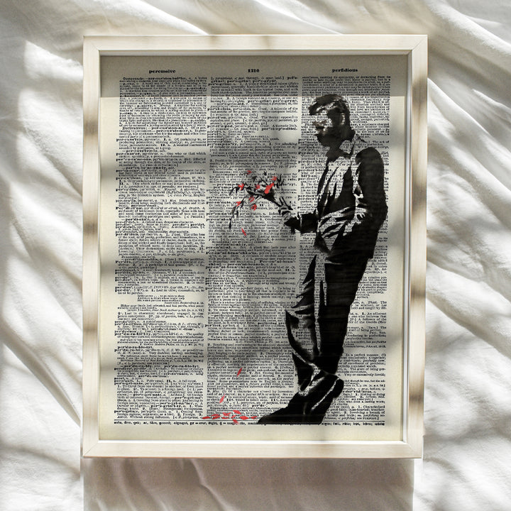 Banksy Man With Flower Bouquet - Romantic Gift for Her, Women, Girlfriend, Engagement - Graffiti Street Art, Wall Art, Home Decor or Decoration for Bedroom, Living Room - 8x10 UNFRAMED Poster Print