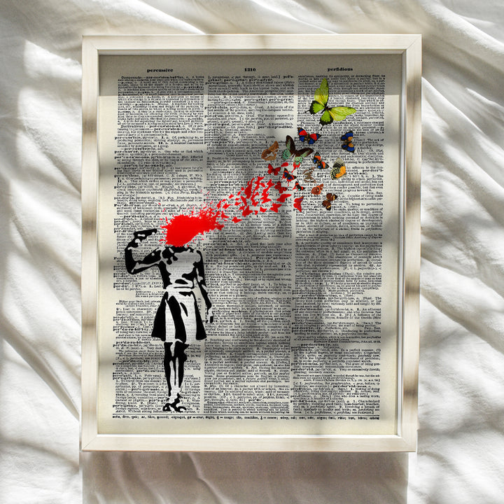 Banksy Poster, Dictionary Art, Home Decor - Upcycled Vintage Graffiti Wall Art Print - Unique Hipster Room Decorations for Office - Gift for Street Art, Mural Fans - 8x10 Photo Unframed, Suicide Girl