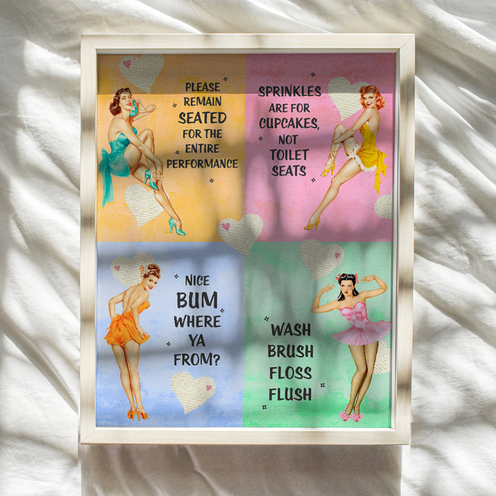 Pinup Bathroom Decor For Women - Bathroom Wall Art - Funny Retro 1950s Vintage Restroom Decorations for Home, Powder Room or Bath - Cute Unique Housewarming Gift - Pastel Colors, Blue, Pink, Yellow