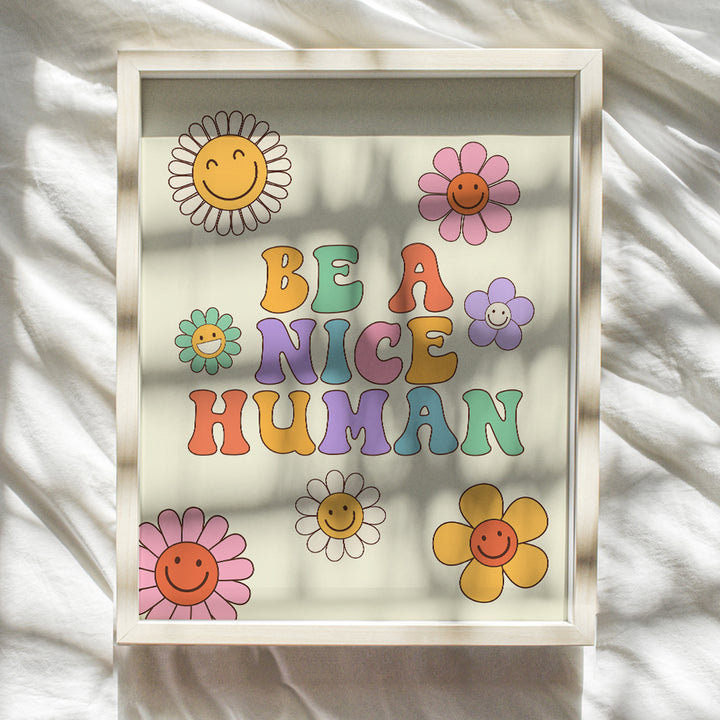 Preppy Trendy Room Decor - Be a Nice Human - 70s Retro style Happy Quotes Wall Decor Pop art Wall Decor Poster - Cute Indie Funky Wall Decor - Eclectic Wall Art - Girls Kids Bedroom Decor Aesthetic