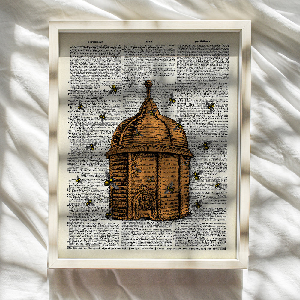 Beehive and Bees Dictionary Wall Art Print - Steampunk - Great For Home Decor, Flower Lovers and Easy Gift Giving - Perfect Present for Florists and Flower Shops - Ready to Frame (8X10) Vintage Photo