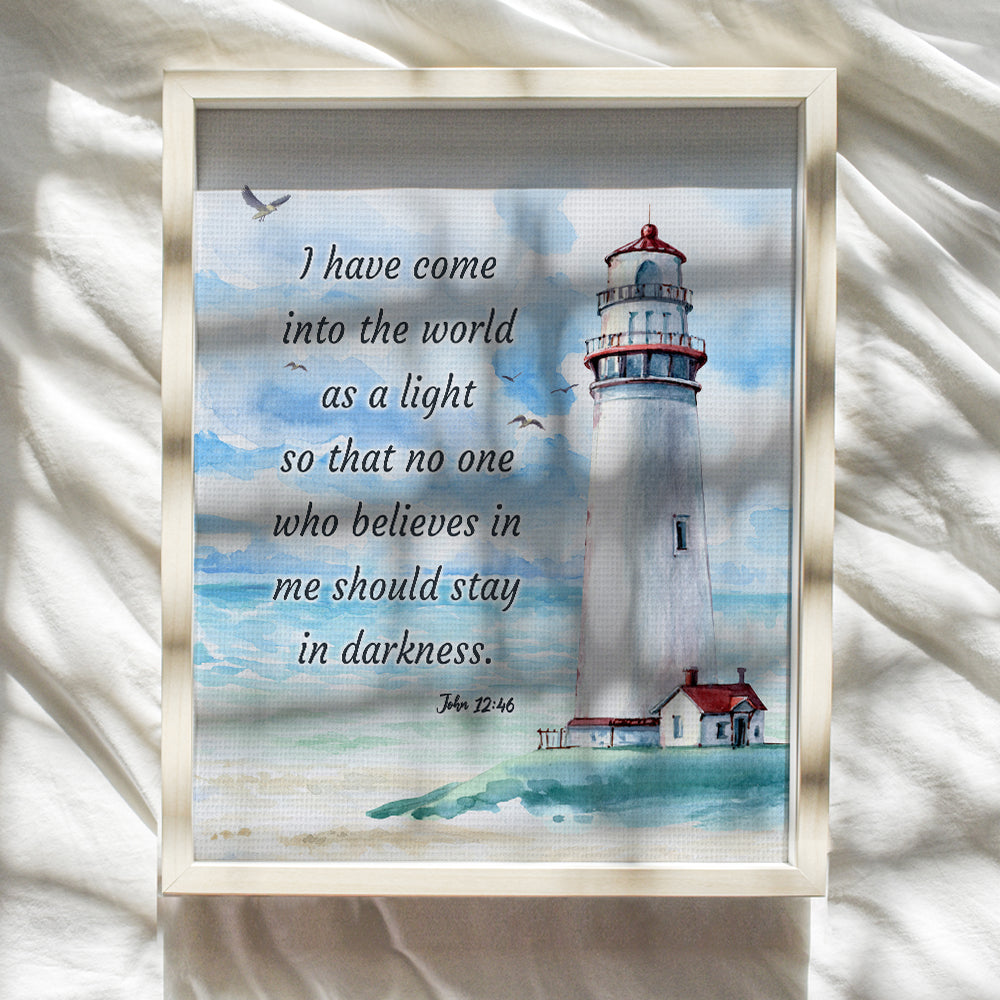 Nautical Seaside Lighthouse Christian Wall Art - Religious Scripture Bible Verse Gift - Ocean Home Decoration, Bathroom Wall Decor - Print for Beach House, Restroom, Living Room, Bedroom - Blue 8x10