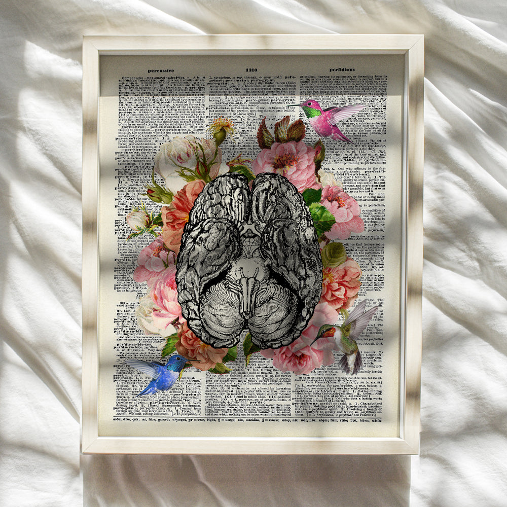 Floral Brain w/Hummingbirds Wall Art Decor - Vintage Rustic Shabby Chic Poster for Bathroom, Bedroom, Living Room, Doctor or Medical Office - Goth Gift for Nurse Practitioner, RN, CNA, Psychologist