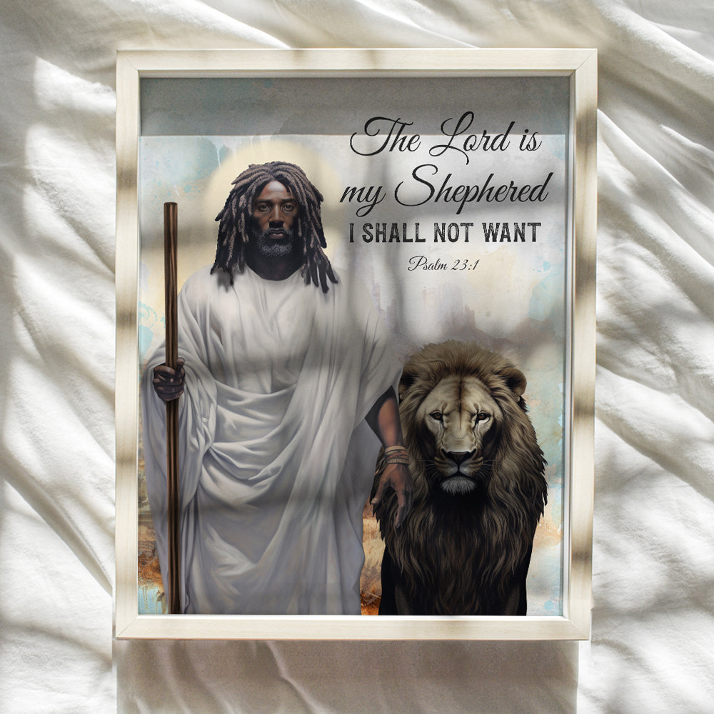 African Americans Jesus Christ Art - Psalm 23 Bible Verse Black Wall Art - Scripture Wall Decor - Religious Christian Gifts for Black Men - spiritual Gift - God Wall Decor, African American Art Poster