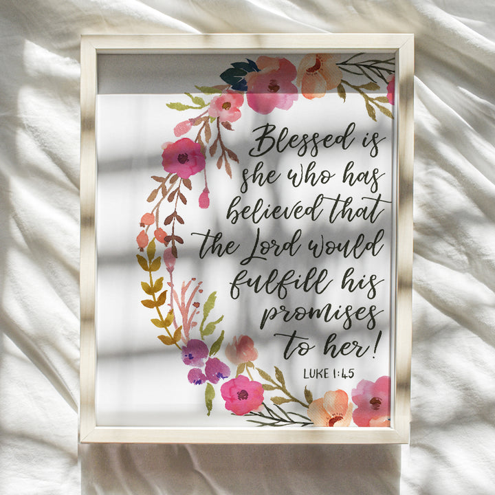 Blessed is She - Positive Quotes Inspirational Bible Verse Religious Wall Art - Christian Gift for Women, Teens, Girls - Blessed Scripture Wall Decor for Bedroom, Living Room, Bathroom - 8x10 Poster