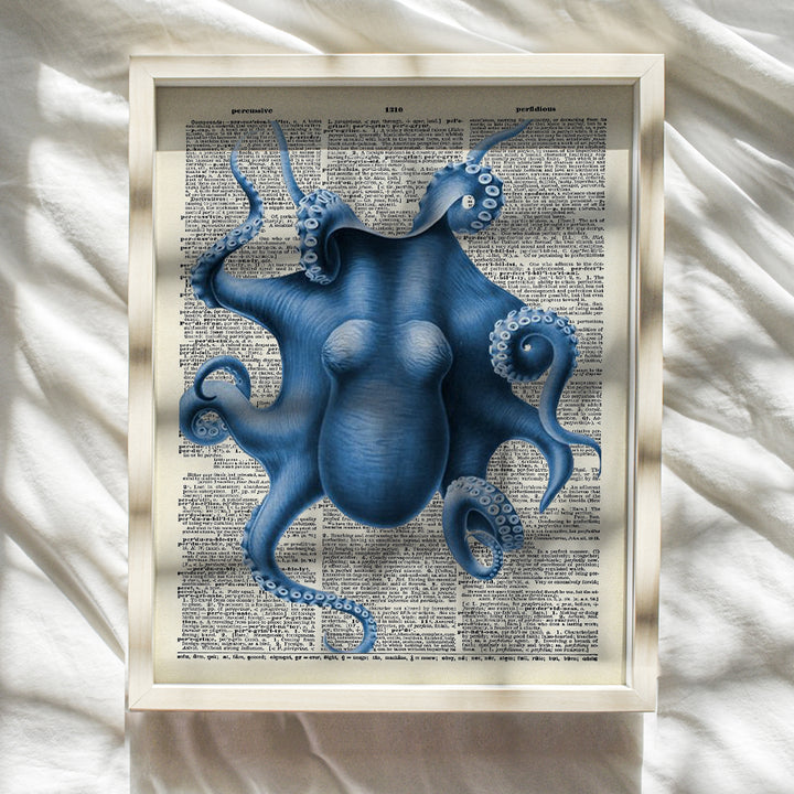 Blue Octopus Upcycled Dictionary Wall Art Print - 8x10 Vintage Unframed Photo - Perfect For Beach House Home Decor and Easy Gift Giving