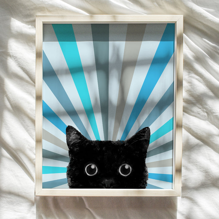 Cat Wall Decor Boho Wall Art - Blue Vintage Retro Boho-chic Minimalist Mid Century Room Decor - Farmhouse Boho Wall Decor - Chic Cute Black cat Poster, Cat Stuff, Cat Mom, Cat Themed Gifts for Women