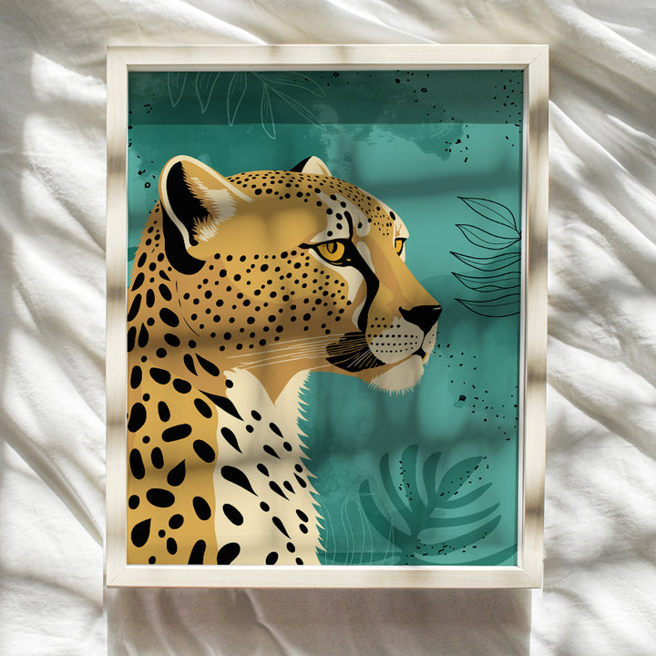 Cheetah Print Boho Wall Decor - Olive Green Bohemian Farmhouse Living Room Decor, Contemporary art - Minimalist Mid-century modern Botanical Wall Art for Women, Men - Big cat Bedroom Decorations