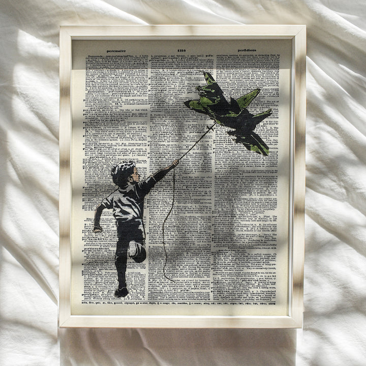 Banksy Graffiti Wall Art Poster - Military, Air Force Fighter Jet - Gift for Street Art Fans - Urban Mural Photo Poster, Home Decor, Boys or Kids Room Decoration - 8x10 UNFRAMED Boy With Plane