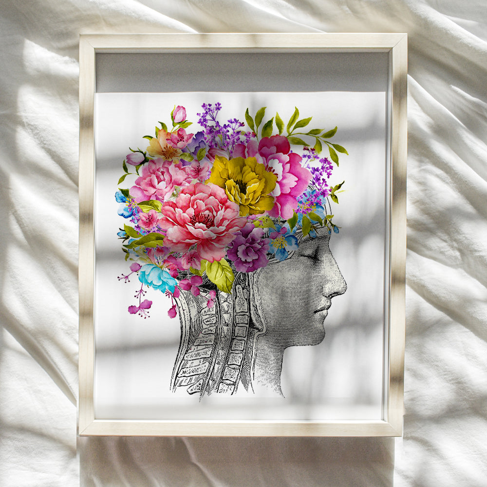 Vintage Anatomy Art Wall Decor - Unique Retro Gift for Women, Doctor, Nurse, Physician, Med Student - Boho Shabby Chic Poster Print for Home, Medical Clinic, Dr Office - 8x10 Floral Brain Picture