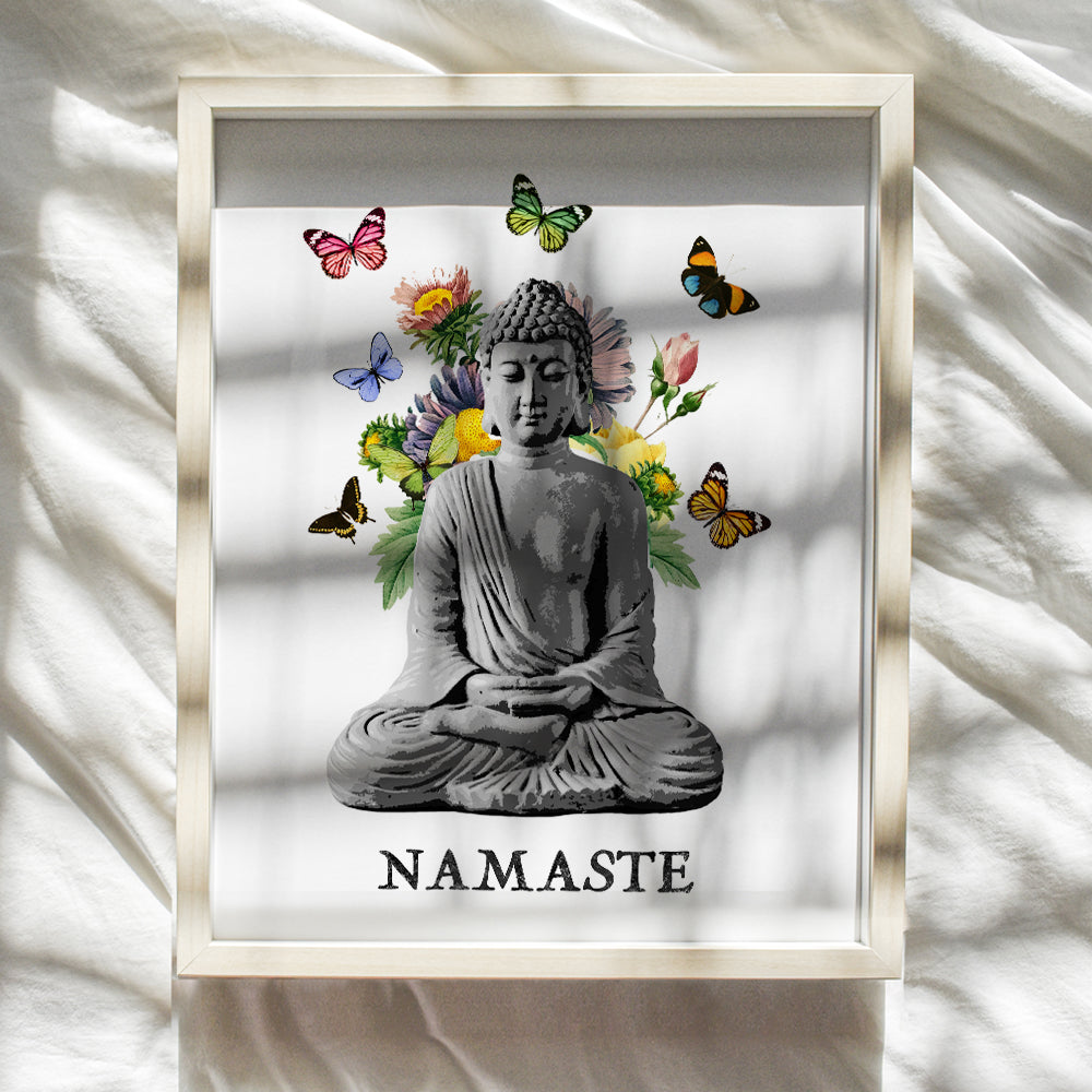 Namaste Buddhism Buddha Statue Wall Art Print - 8x10 Photo, Home Decor, Meditation Room, Spa or Yoga Studio Decoration - Boho Zen New Age Gift - Unframed Butterfly Poster Picture