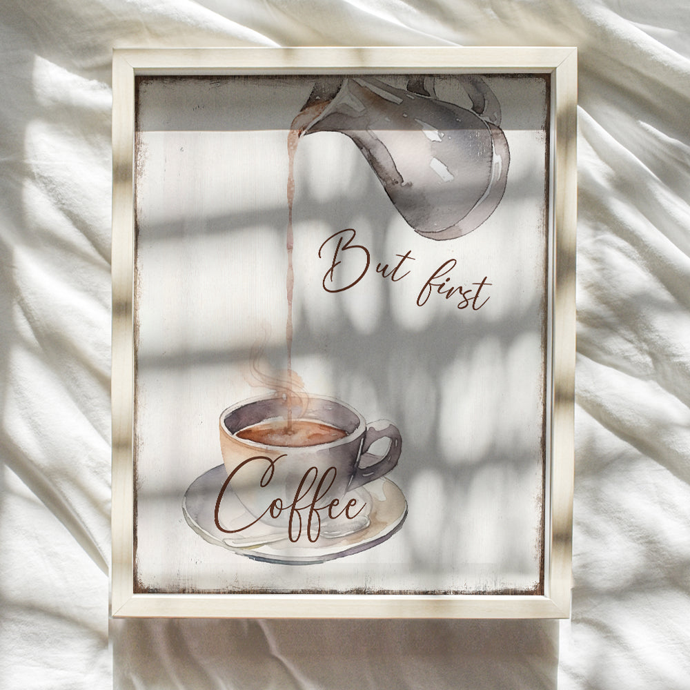 But First Coffee Sign - Boho-chic Cafe Wall Art for Rustic Farmhouse Kitchen Decor, Dining room Decor - Mid-century modern Coffee Quotes Wall Decor - Shabby Chic Restaurant Decorations for Women, Men