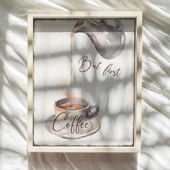 But First Coffee Sign - Boho-chic Cafe Wall Art for Rustic Farmhouse Kitchen Decor, Dining room Decor - Mid-century modern Coffee Quotes Wall Decor - Shabby Chic Restaurant Decorations for Women, Men