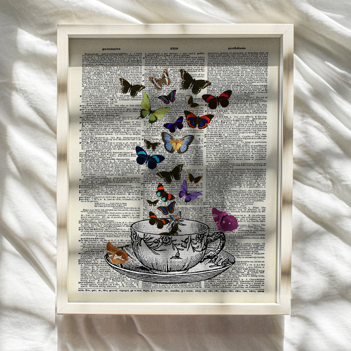 Vintage Teacup and Butterflies On Photo of Dictionary Page - Unframed Wall Art Print - Great Home Decor For Kitchen, Dining Room - Easy Anniversary Gift - Chic and Rustic - Ready to Frame (8x10) Photo