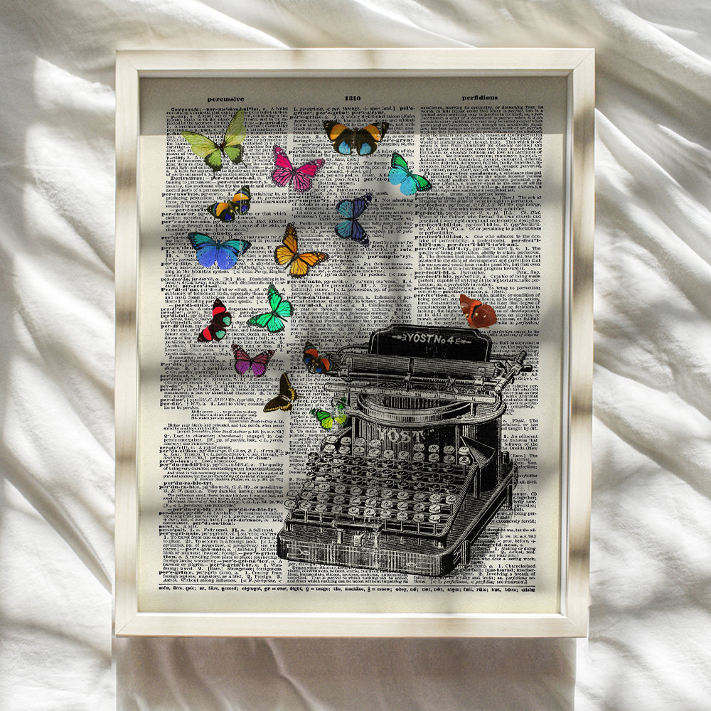 Typewriter Butterflies Dictionary Wall Art - 8x10 Sentimental Upcycled Home Decoration, Apartment or Office Decor - Chic Unique Gift for Writer, Teacher, Journalist, Personal Assistant, Secretary