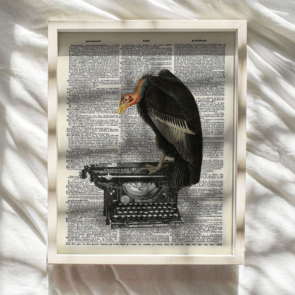 Goth Gothic Home Decor, Wall Art - Creepy Vulture, Buzzard on Typewriter for Living Room, Bedroom, Bathroom, Kitchen - Vintage Decoration or Gift for Writer, Literature Fan- 8x10 UNFRAMED Poster