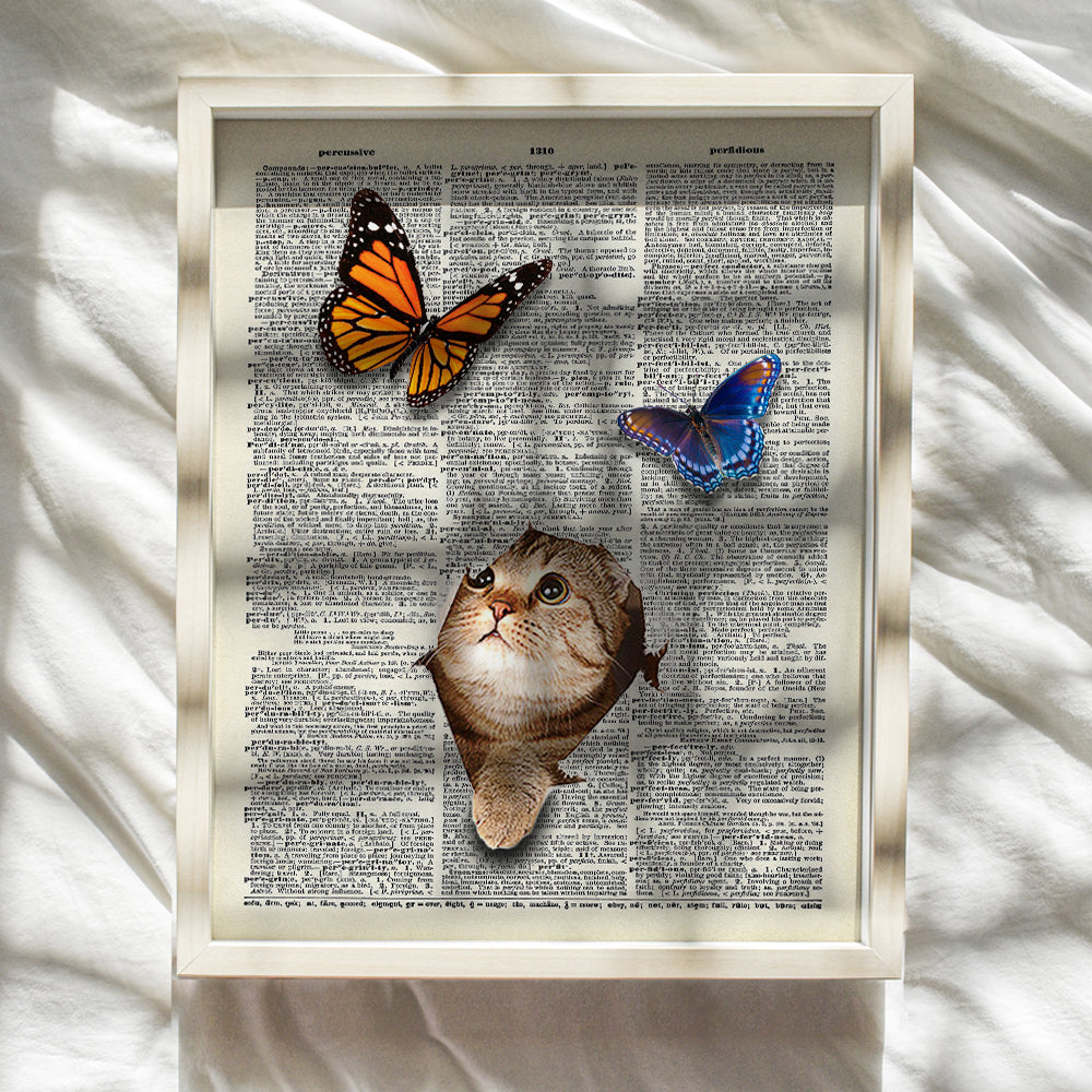 Cat Wall Art - Cat Wall Decor - Kitten and Butterflies Dictionary Art - 8x10 Photo Poster - Unique Gift for Cat Lovers, Vet, Veterinarians Office - Original Unframed Artwork Picture Print