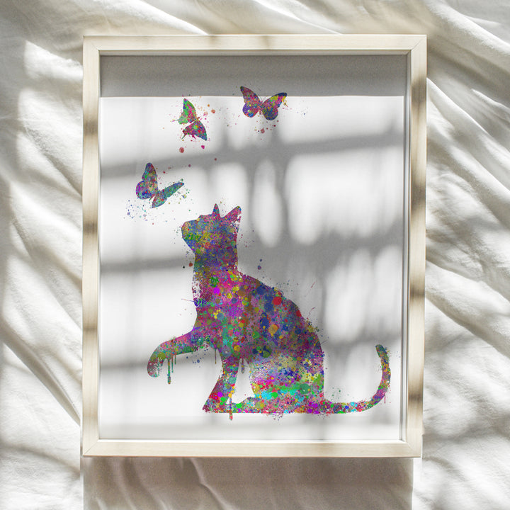 Butterfly Cat Wall Art Print - Colorful Watercolor Home Decor Perfect for Bedroom, Bathroom, Childrens, Girls, Baby Kids Room or Nursery - Great Gift for Kitty Lovers - 8x10 Photo - Unframed