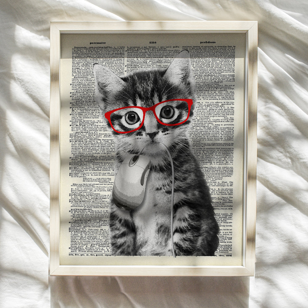 Cat and Mouse Dictionary Art - 8x10 Cat Wall Art Poster Print - Unique Gift for Animal Lovers, Kitty, Kitten and Computer Fans, Pet Owners - Cute, Funny Cat Wall Decor, Home Decoration