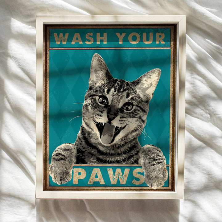 Wash Your Hands Sign - Cat Bathroom Decor - Bathroom Decor- Bathroom Wall Art - Funny Tabby Cat Wall Art- Bath Wall Decor- Guest Bathroom - Restroom Sign Decorations - Powder Room -Cat Gifts for Women